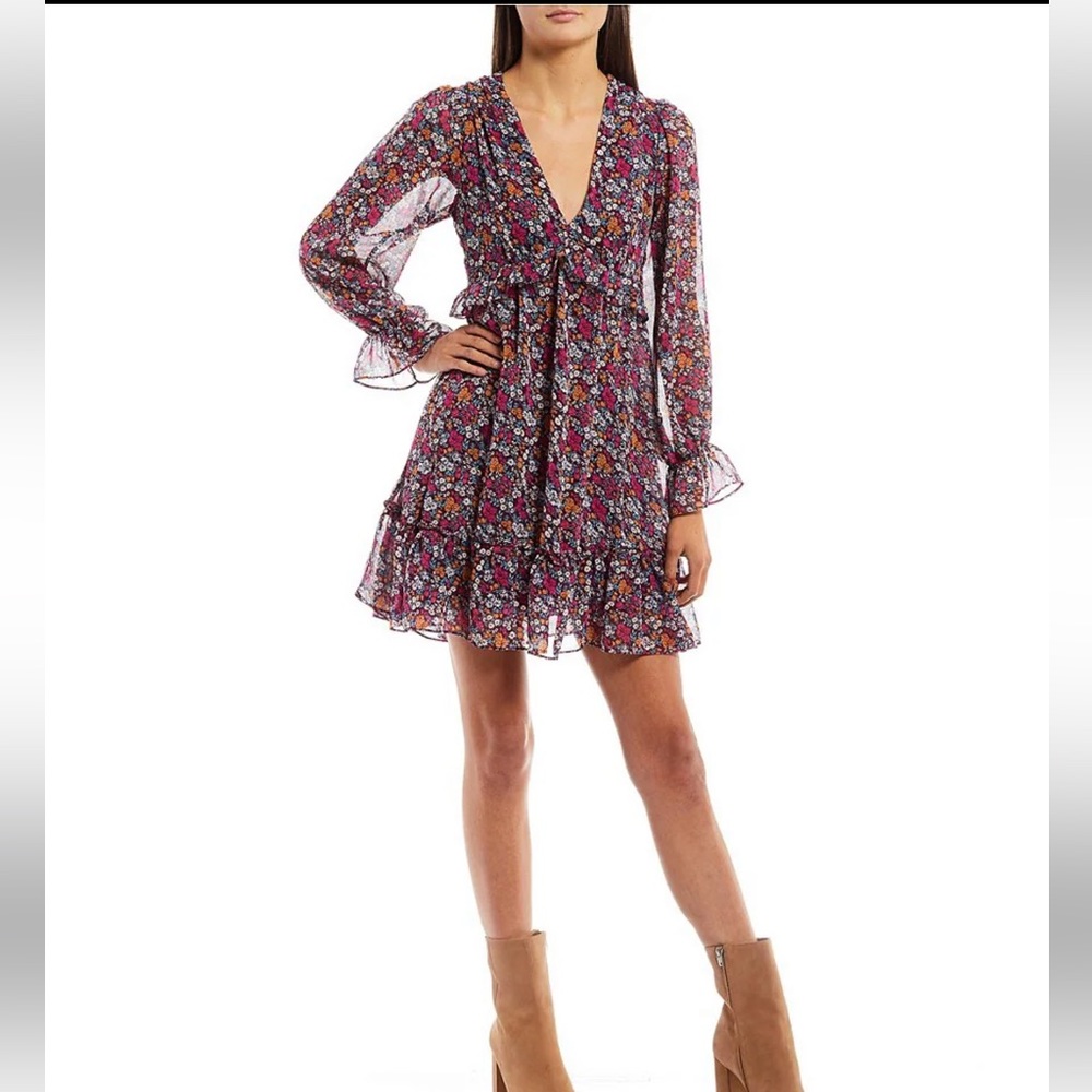 B. Darlin Long-Sleeve V-Neck Floral-Printed Ruffle-Trimmed A-Line Dress